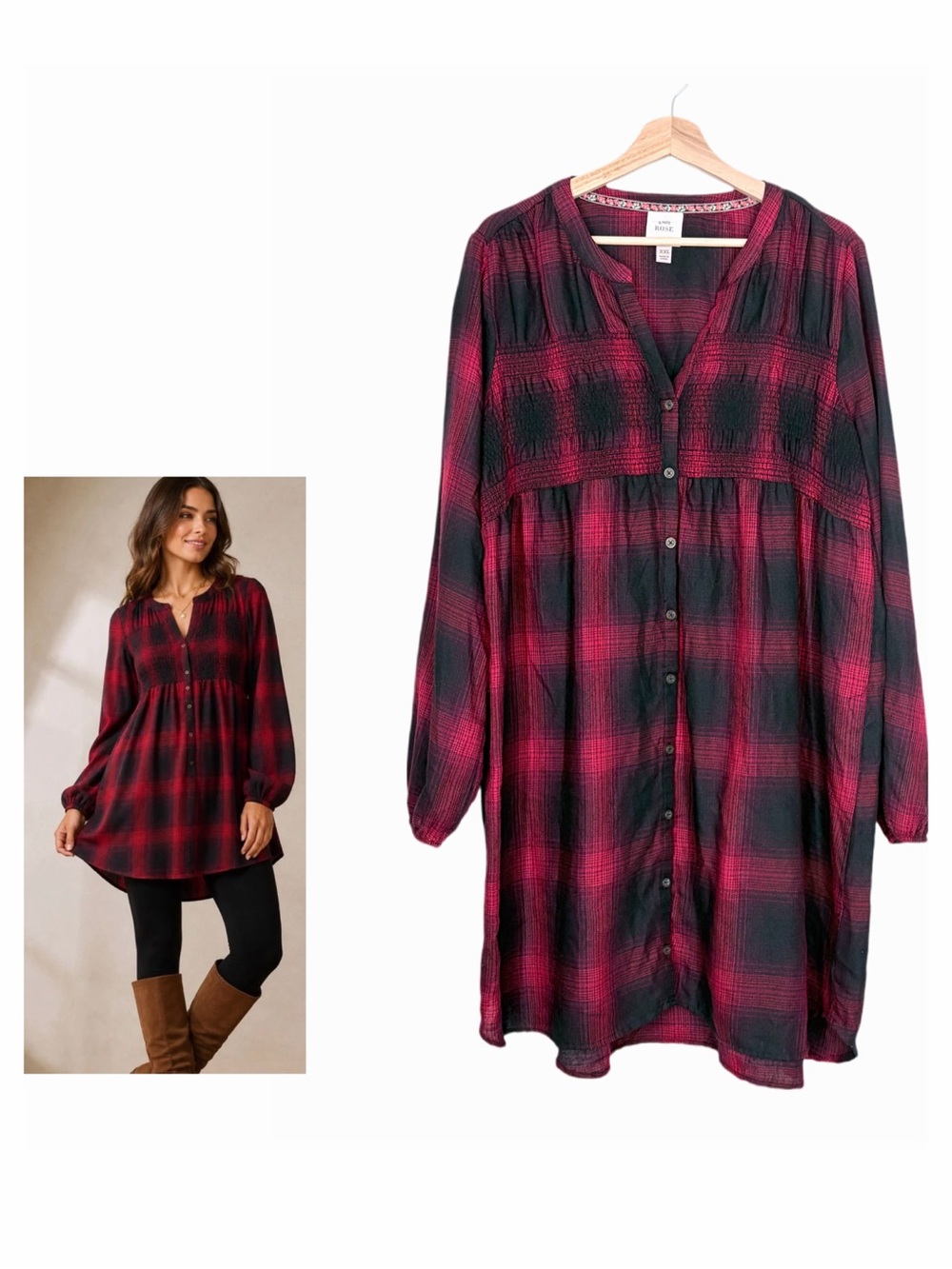 Knox Rose  Red & Black Plaid Smocked Babydoll Dress Tunic Size XXL